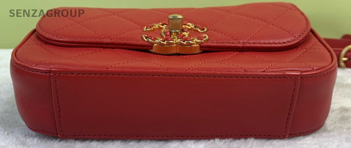 Chanel 19B 2Way Chain Shoulder Bag Crossbody Red Gold Used Women Classic