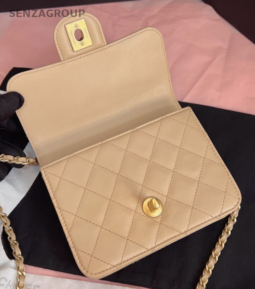 Chanel WOC Mini Chain Calfskin Shoulder Bag Crossbody Brown Gold Diamond Women
