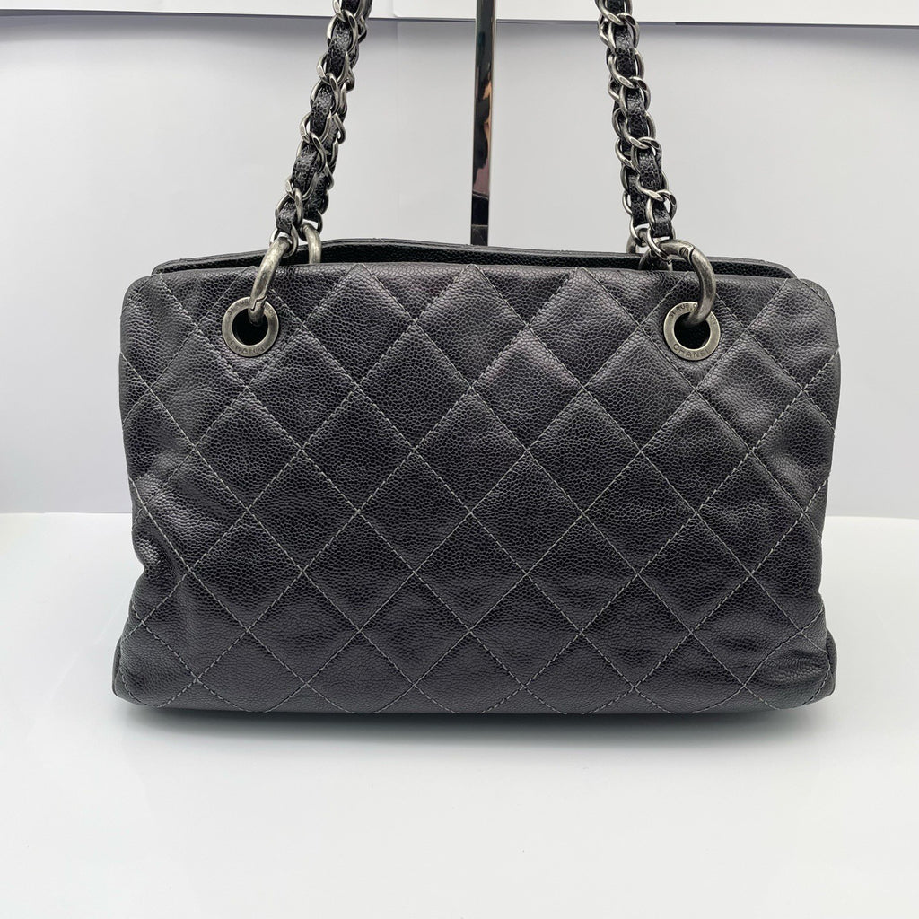 Chanel Tote Diamond Chain Shoulder Bag Black Silver Women Classic