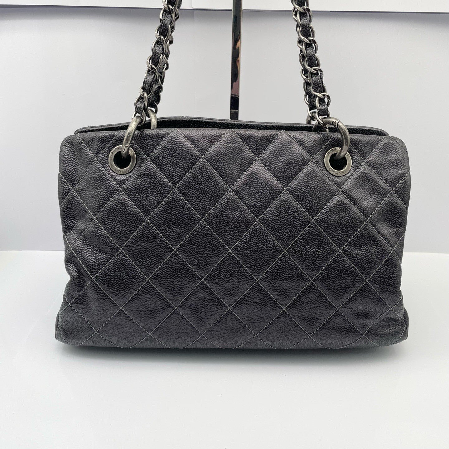 Chanel Tote Diamond Chain Shoulder Bag Black Silver Women Classic