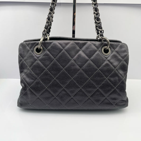 Chanel Tote Diamond Chain Shoulder Bag Black Silver Women Classic