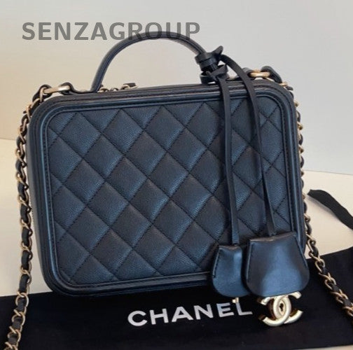 Chanel Vanity Case MM Chain Shoulder Bag Crossbody Black Gold Women Classic