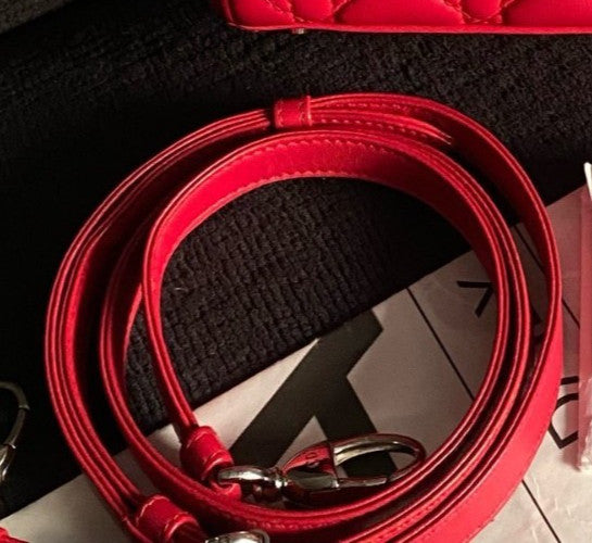 Christian Dior Lady Dior 2Way Top Handle Bag Crossbody Red Silver Women Classic