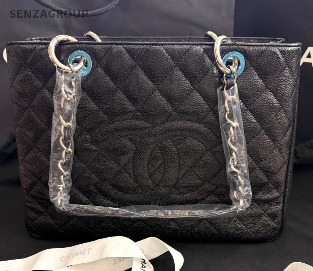 Chanel GST MM Calfskin Tote Chain Shoulder Bag Black Silver Women Classic