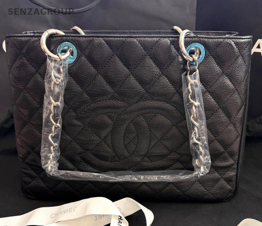 Chanel GST MM Calfskin Tote Chain Shoulder Bag Black Silver Women Classic