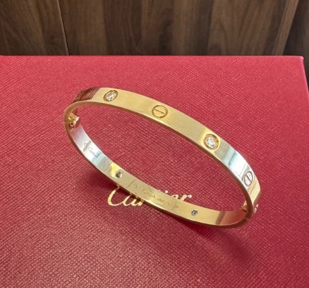 Cartier Love Classic Bracelet 4 Diamonds 18K Yellow Gold Double Screw Bangle