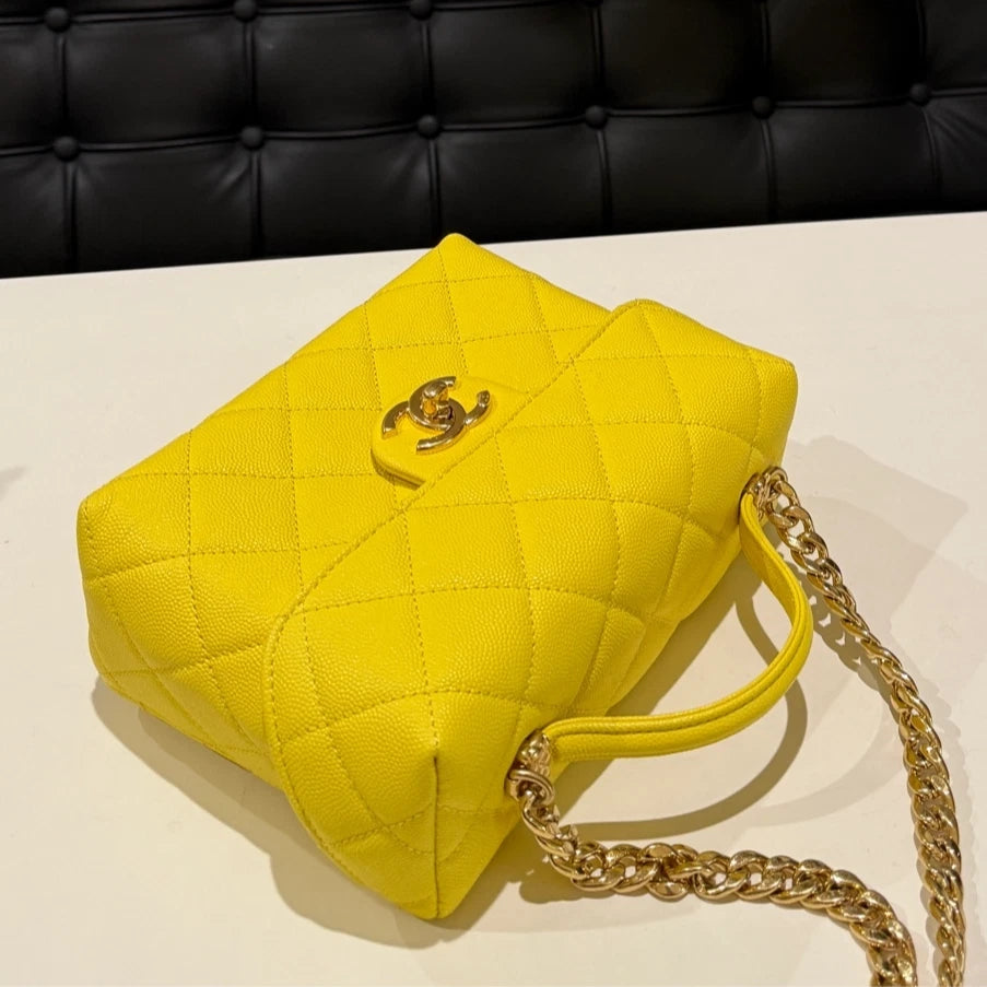 CHANEL Lemon Yellow Box Top Handle Crossbody Bag Diamond Women Classic