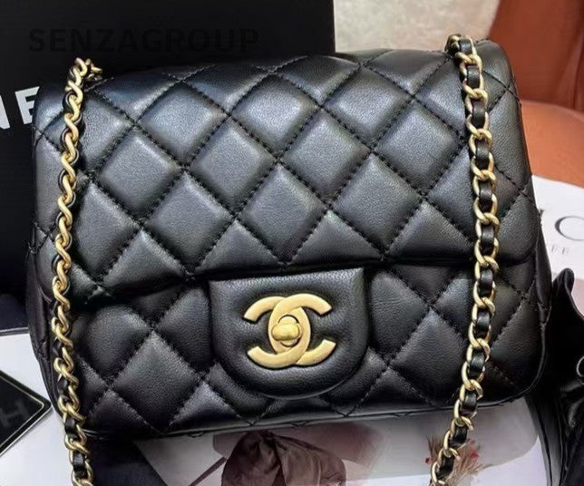 Chanel Diamond Chain Crossbody Shoulder Bag Black Gold Women Classic Fashion