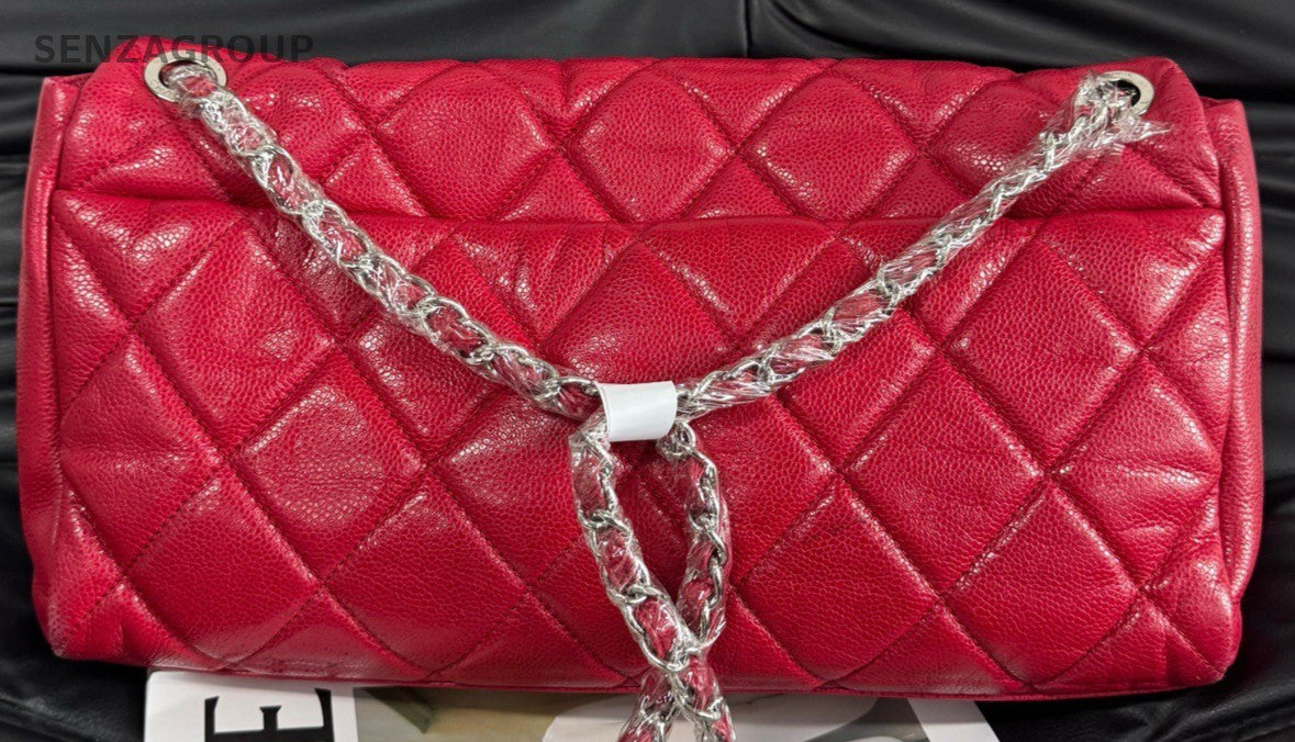 Chanel Classic Flap Jumbo Calfskin Chain Shoulder Bag Red Silver Women Classic