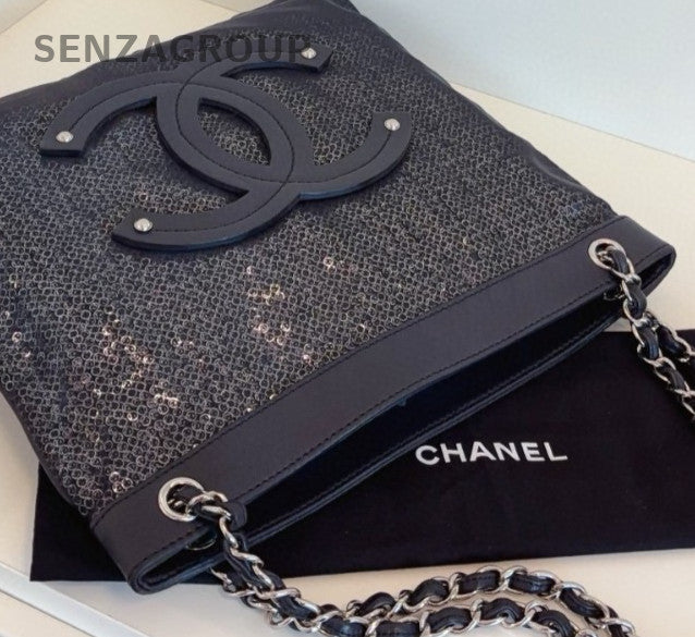 Chanel Calfskin Chain Tote Shoulder Bag Crossbody Black Silver Women Classic