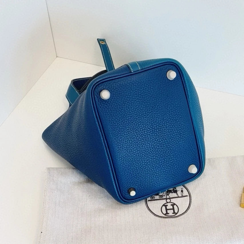 Hermes Picotin18 Top Handle Shoulder Bag Blue Gold Women Fashion