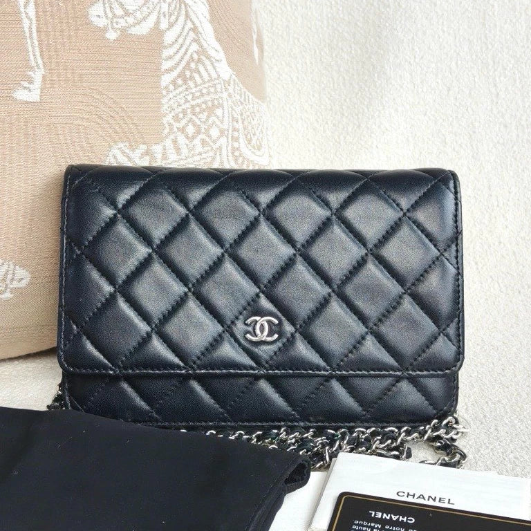 Chanel WOC Lambskin Chain Crossbody Black Silver Diamond Women Classic