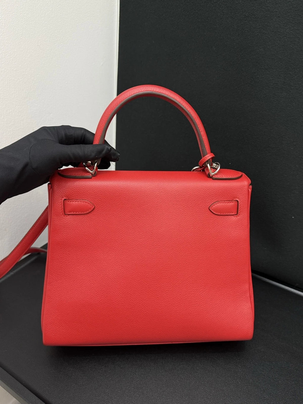 Hermes Kelly28 Evercolor Top Handle Bag Crossbody Red Silver Classic Women
