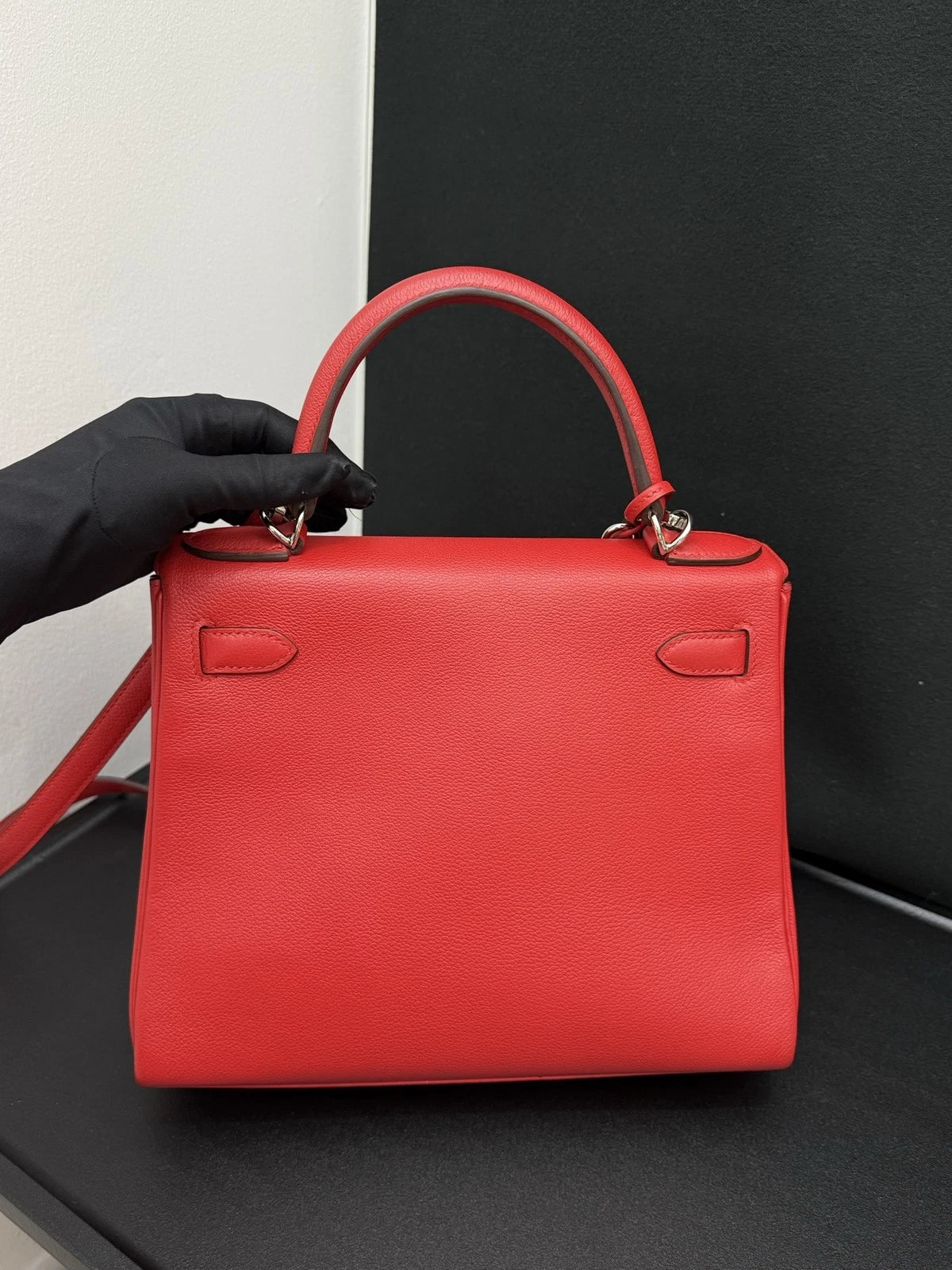 Hermes Kelly28 Evercolor Top Handle Bag Crossbody Red Silver Classic Women