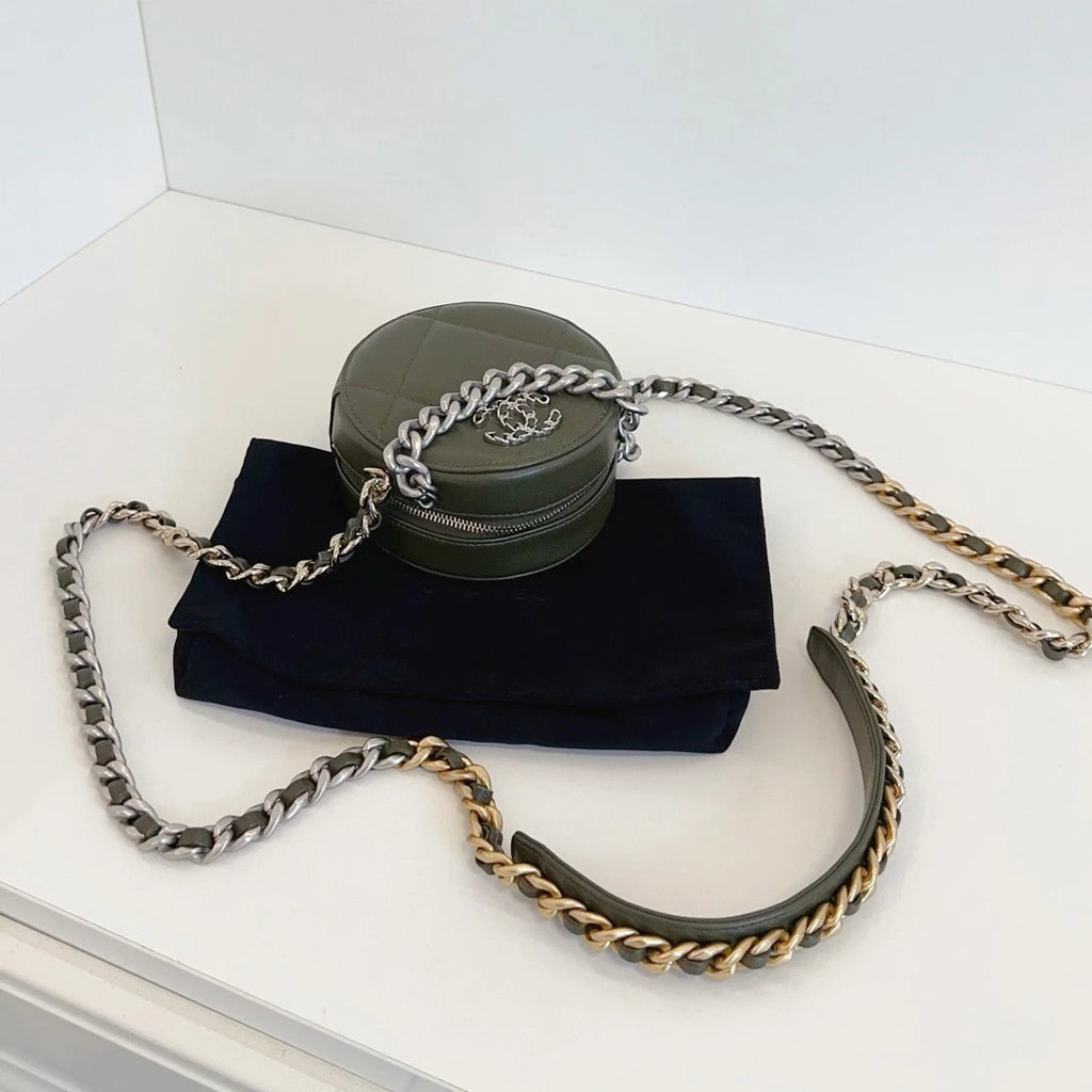 Chanel 19Bag Round Bag Chain Top Handle Shoulder Crossbody Green Gold Women