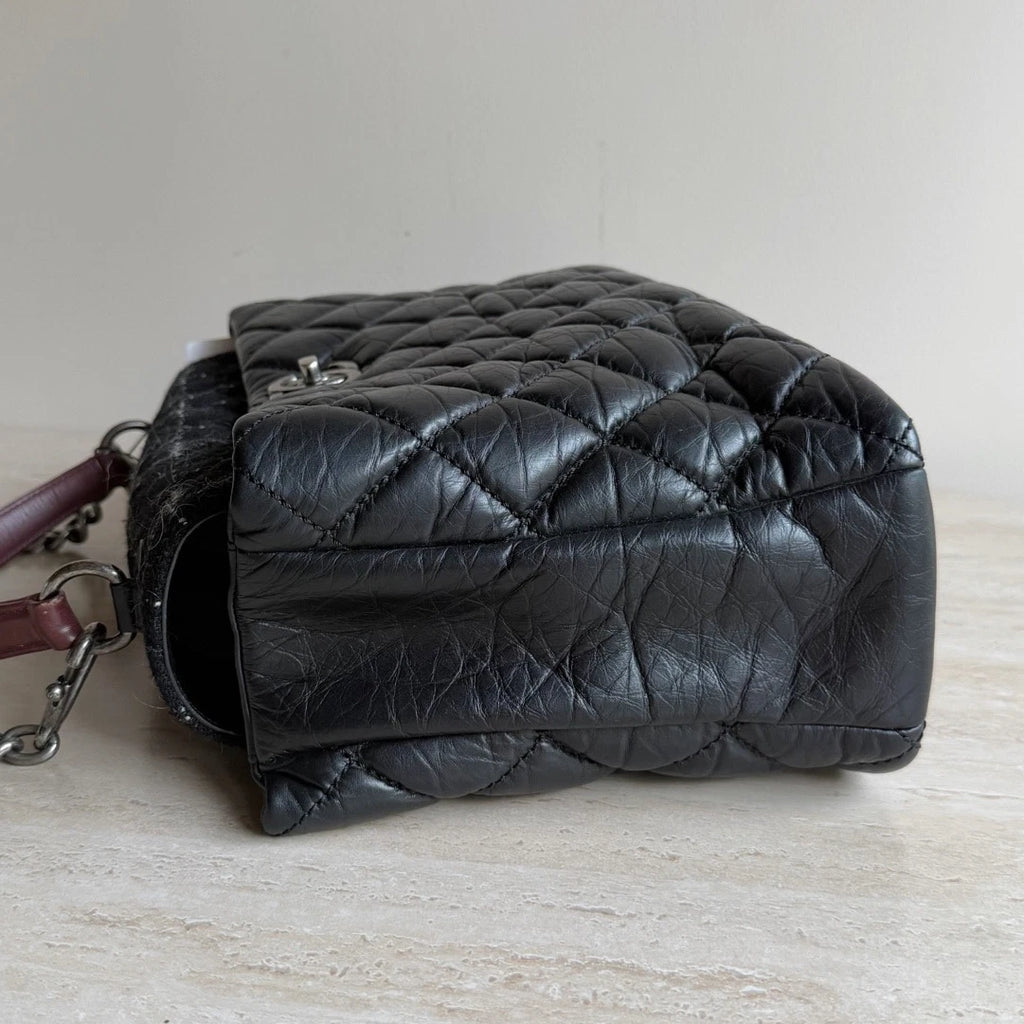 Chanel Diamond Black Leather Tote Handbag Silver Hardware Chain Shoulder Bag