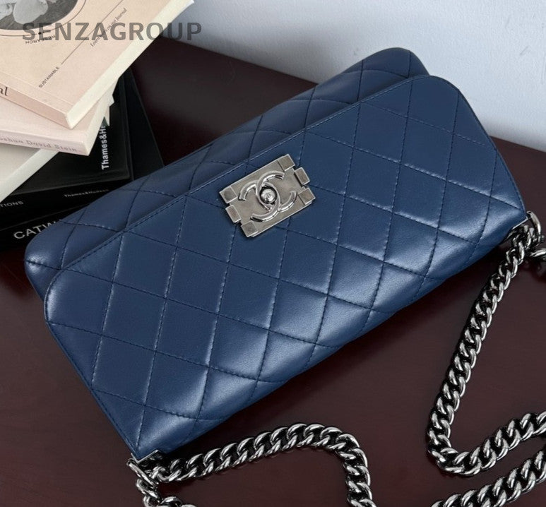 CHANEL Leboy Calfskin Chain Shoulder bag Crossbody Women Blue Silver