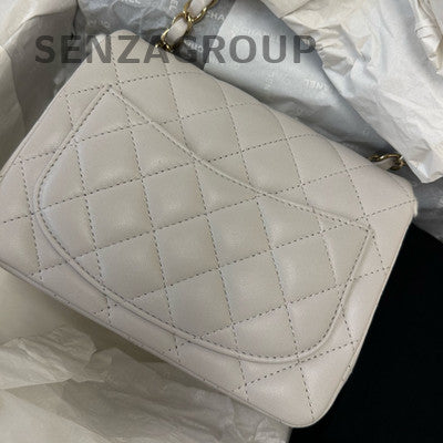 Chanel 23S Square Mini Bag Light Gray Gold Hardware Quilted Chain Shoulder Bag