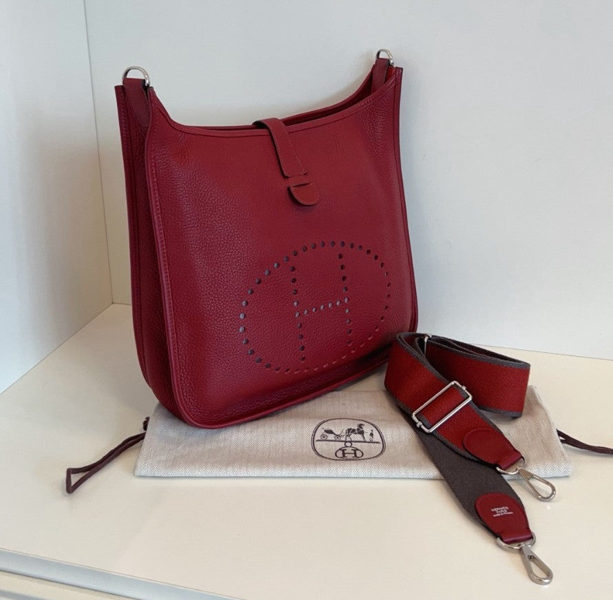 Hermes Evelyne GM Shoulder Bag Crossbody Red Silver Used Women Classic
