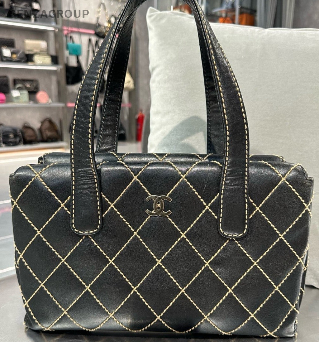 Chanel Calfskin Diamond Pattern Top Handle Bag Black Used Women Classic