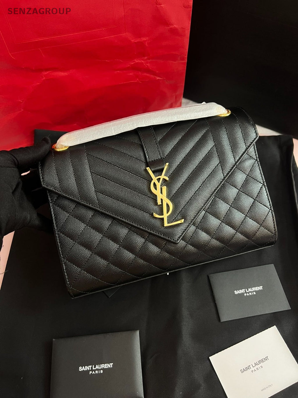 YSL Saint Laurent Envelope MM Chain Shoulder bag Black Gold Women Brand NEW