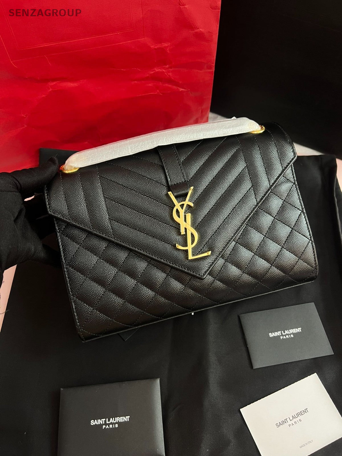 YSL Saint Laurent Envelope MM Chain Shoulder bag Black Gold Women Brand NEW