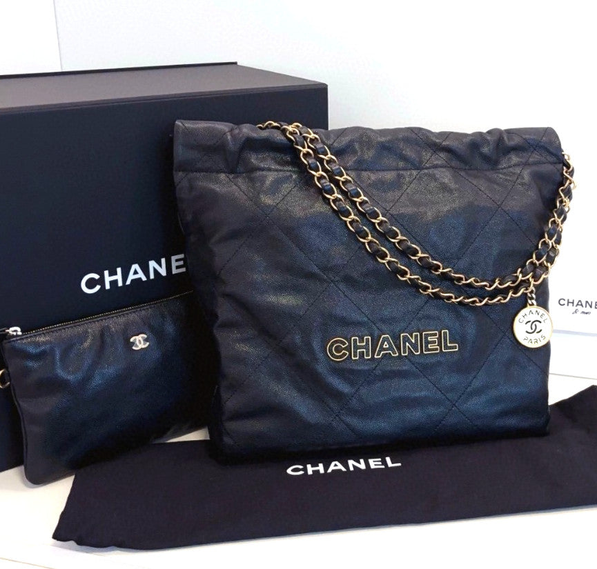 Chanel 22Bag PM Chain Shoulder Bag Black Gold Diamond Women Classic