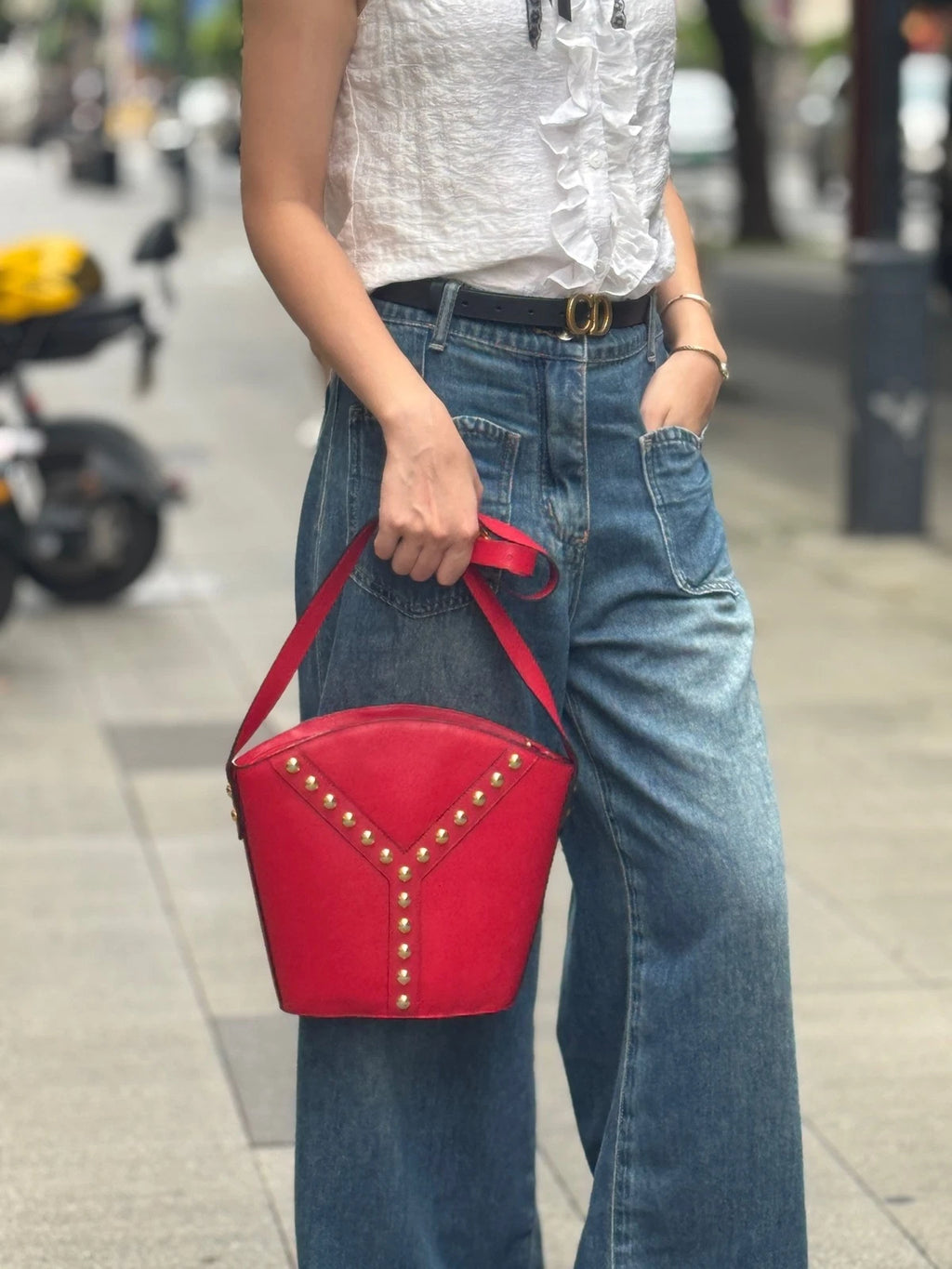 Saint Laurent Red Leather Rivet Flask Shoulder Crossbody For Women