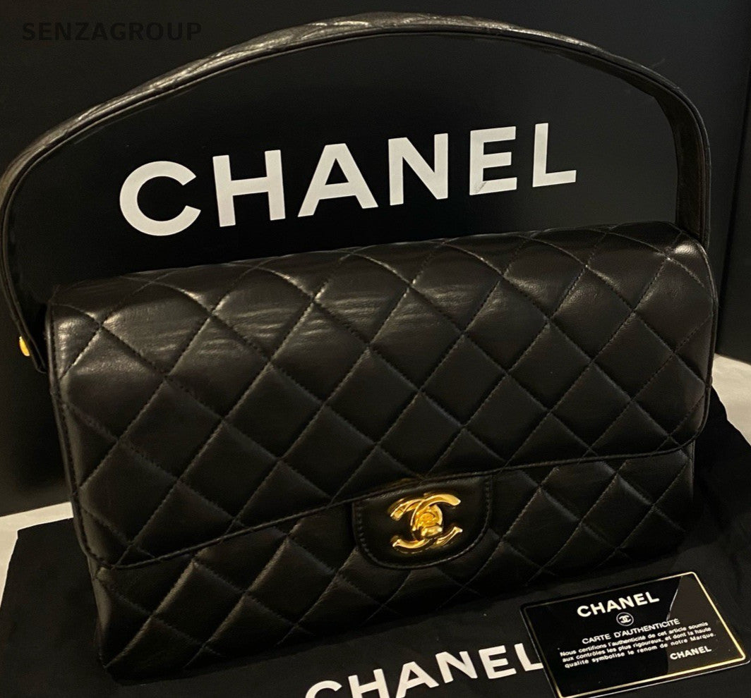 Chanel Classic Flap Vintage MM Top Handle Bag Black Gold Women Designer