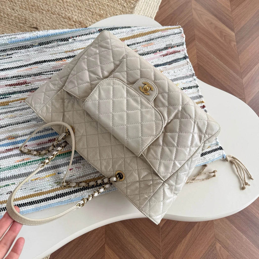 Chanel Tote Beige Chain Shoulder Bag Gold Hardware Women Fashion