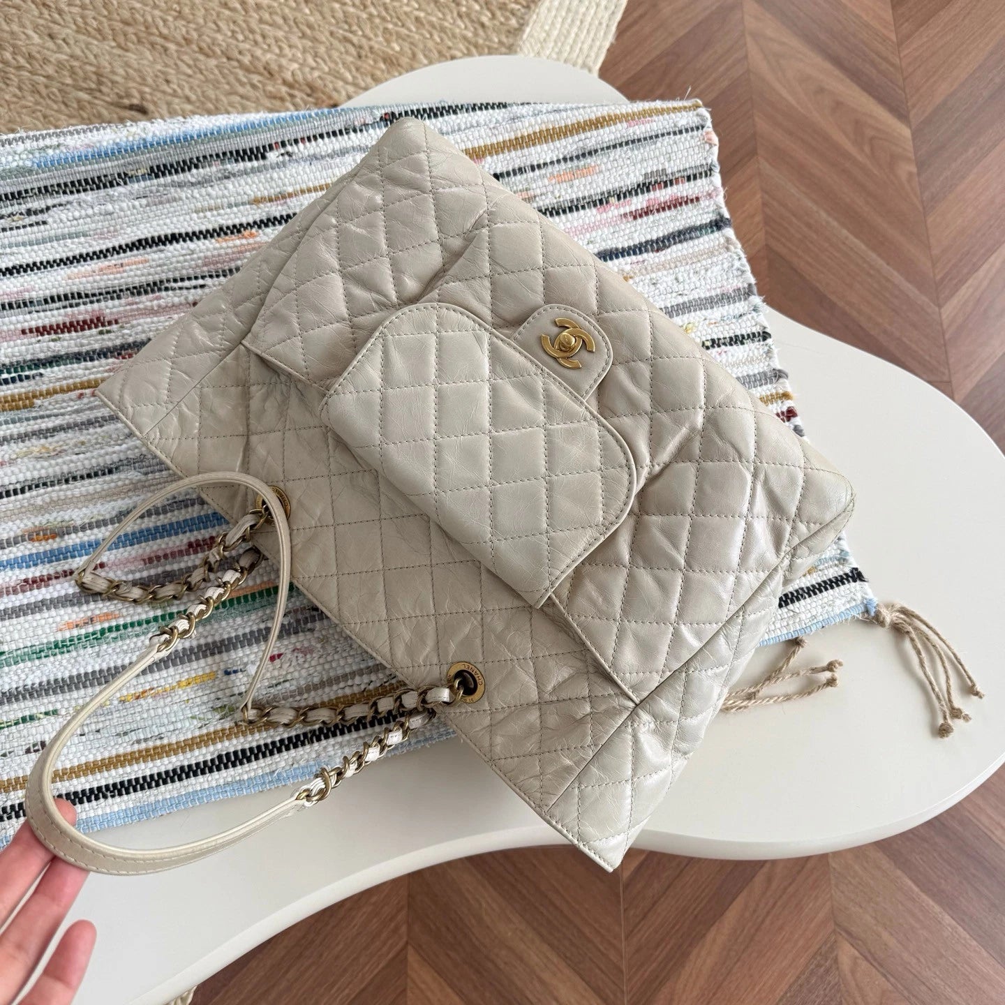 Chanel Tote Beige Chain Shoulder Bag Gold Hardware Women Fashion