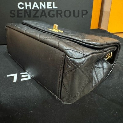 Chanel Classic Flap Quilted Lambskin Chain Shoulder Bag Black Gold