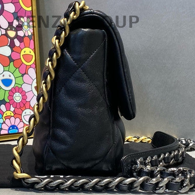 Chanel 19 Small Black Gold Lambskin Chain Shoulder Crossbody Bag Classic