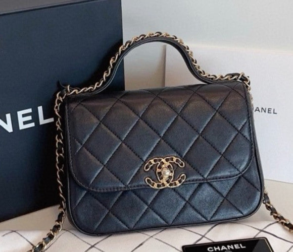 Chanel 19Bag  Diamond Top Handle Chain Shoulder Crossbody Black Gold Used Women