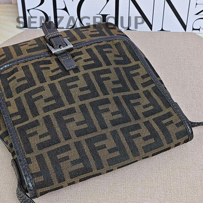 Fendi Vintage Monogram Canvas Flap Shoulder Bag Brown Women Classic