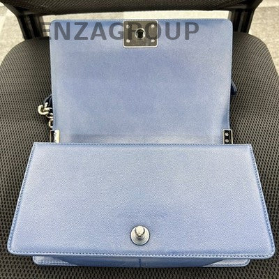 Chanel Le Boy Medium Blue Silver Calfskin Chain Shoulder Bag Classic