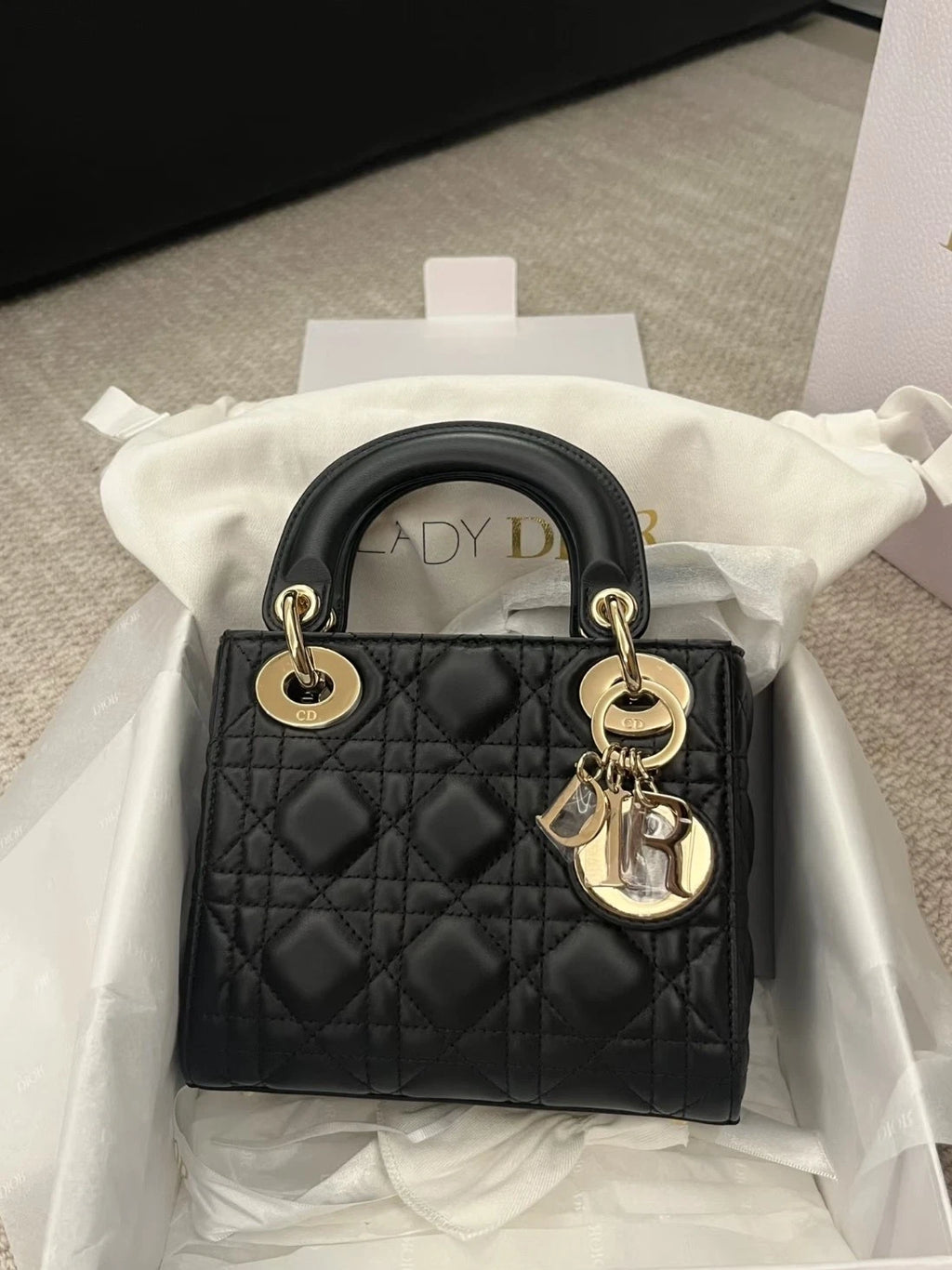 Dior Black Gold Lambskin 3-grid Lady Dior Chain Shoulder Bag For Women