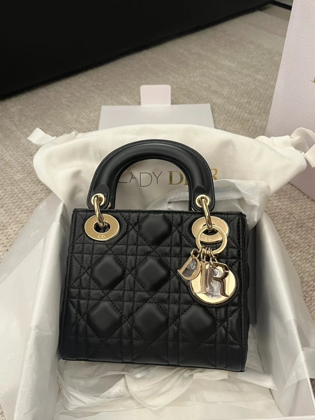 Dior Black Gold Lambskin 3-grid Lady Dior Chain Shoulder Bag For Women