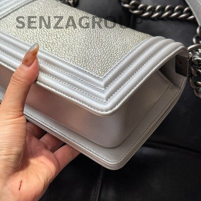 Chanel Le Boy Silver Chain Shoulder Crossbody Bag - Women's Fashion