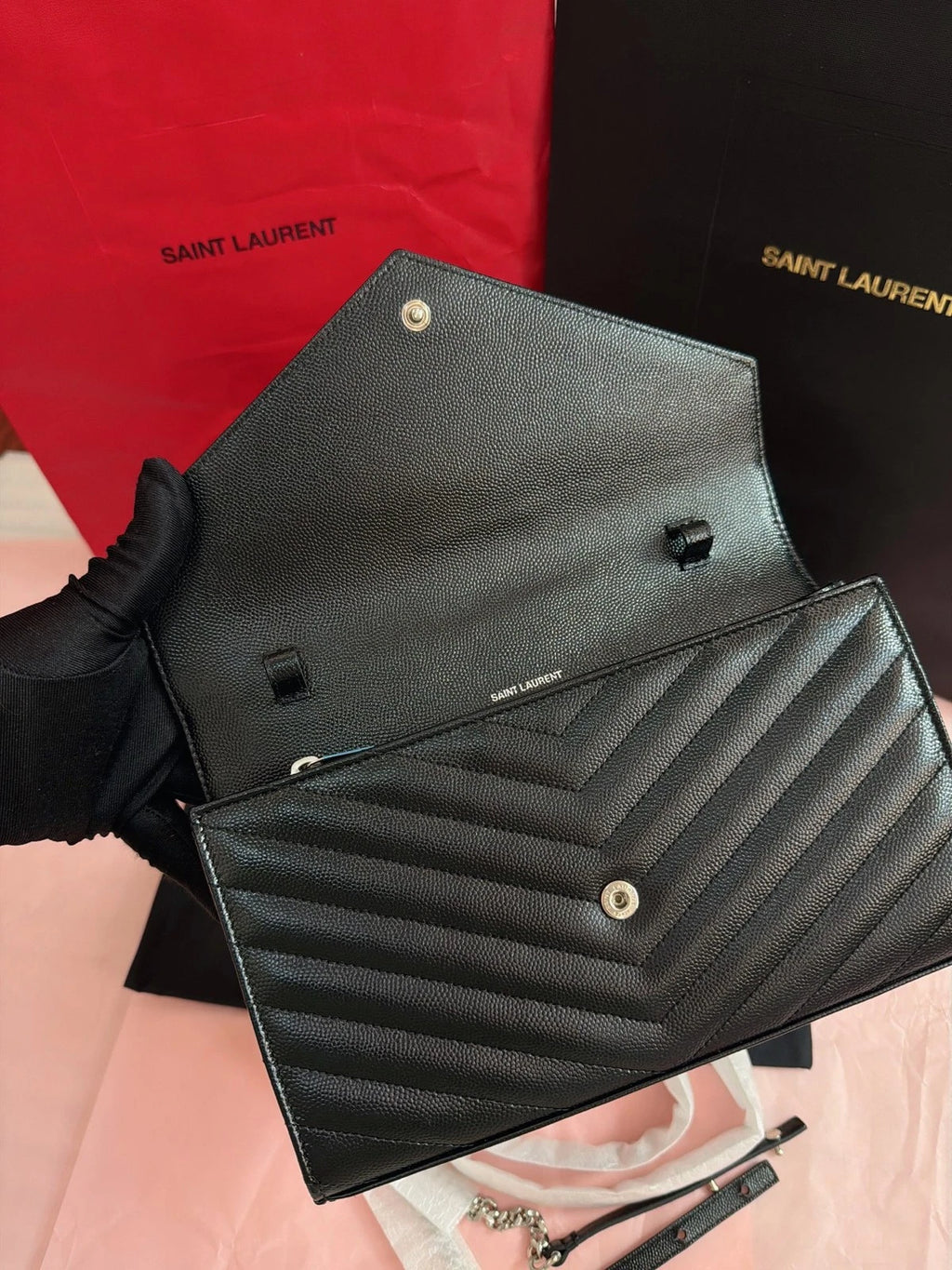 Saint Laurent Envelope MM Calfskin Chain Shoulder Crossbody Black White Women