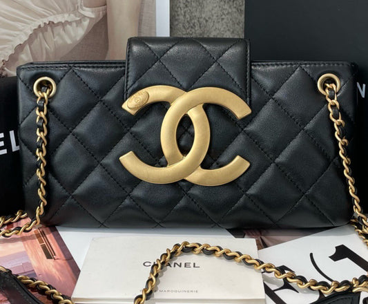 Chanel Classic Flap 24C Lambskin Chain Crossbody Shoulder Bag Black Gold Women