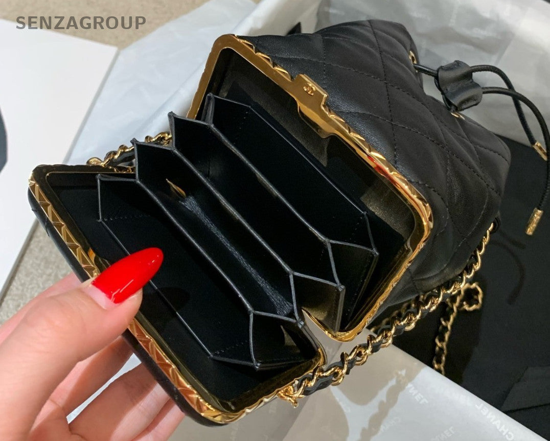 CHANEL Bucket Drawstring Lambskin Diamond Pattern Chain Shoulder bag Black Gold