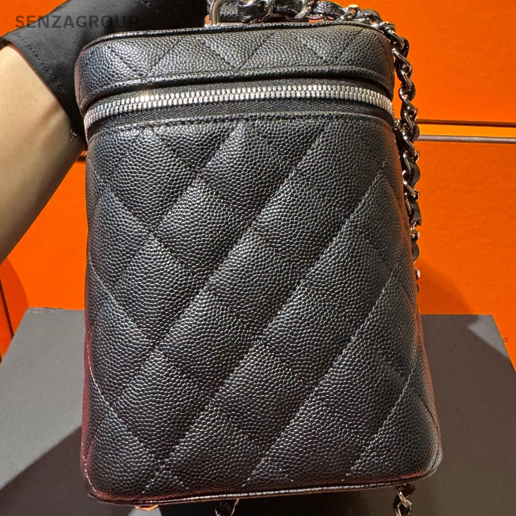 Chanel Black Silver Hardware Calfskin Chain Shoulder Bag Quilted Pattern