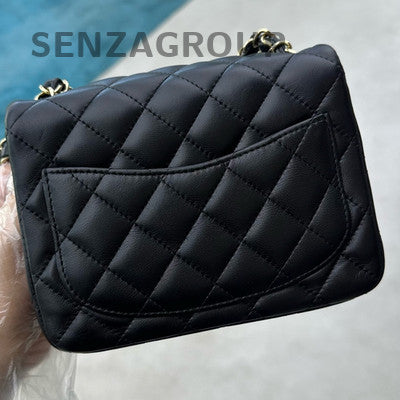 Chanel 25S Black Gold Quilted Lambskin Mini Square Flap Bag Chain Crossbody