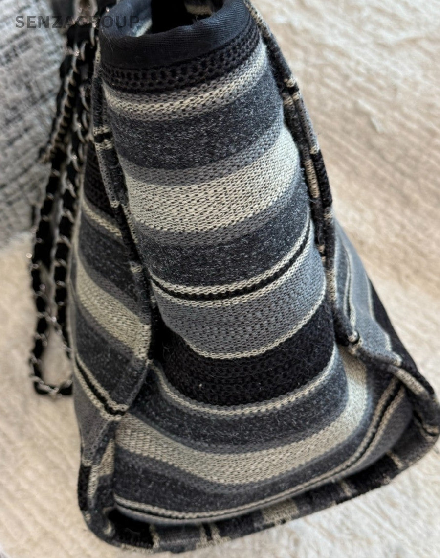 Chanel Tote Striped Bag Chain Shoulder Bag Black Silver Used Women Classic