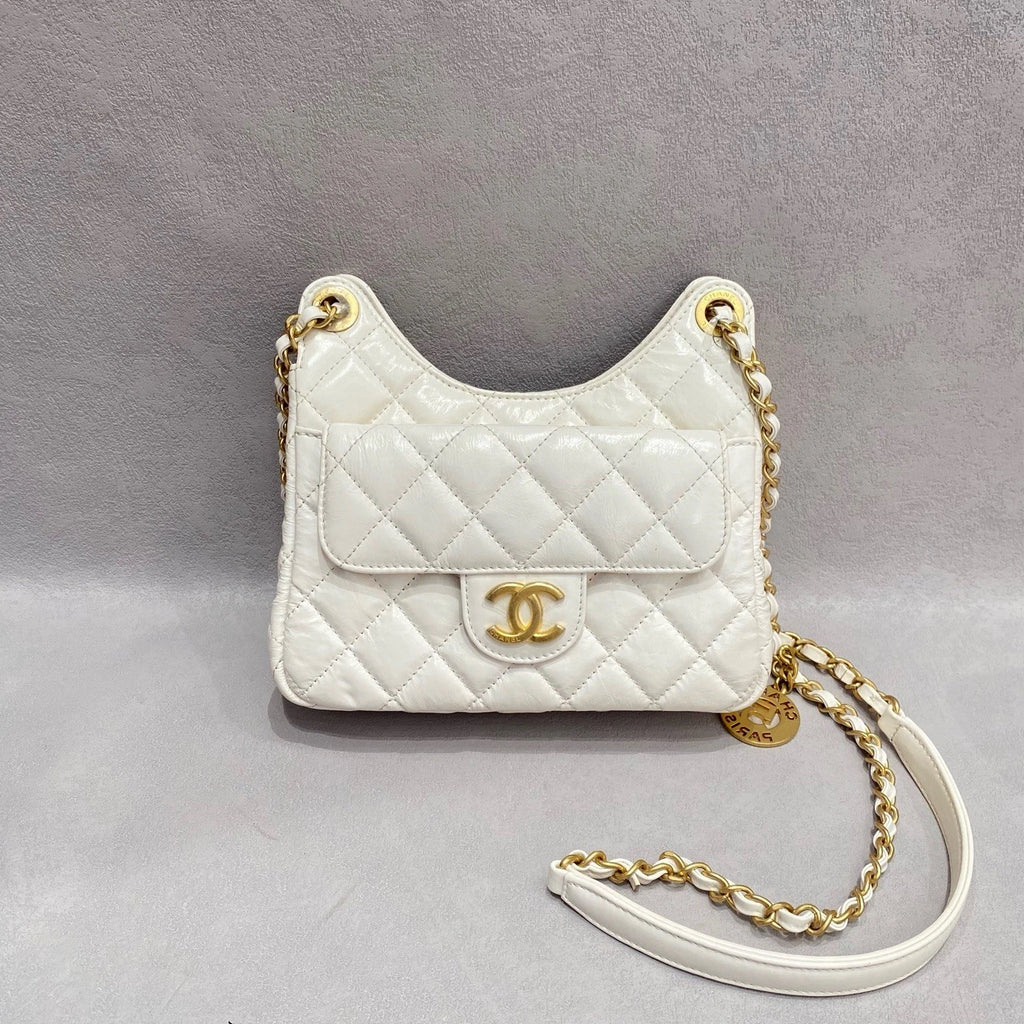 CHANEL White Waxed Leather Small Hobo Shoulder Bag For Women