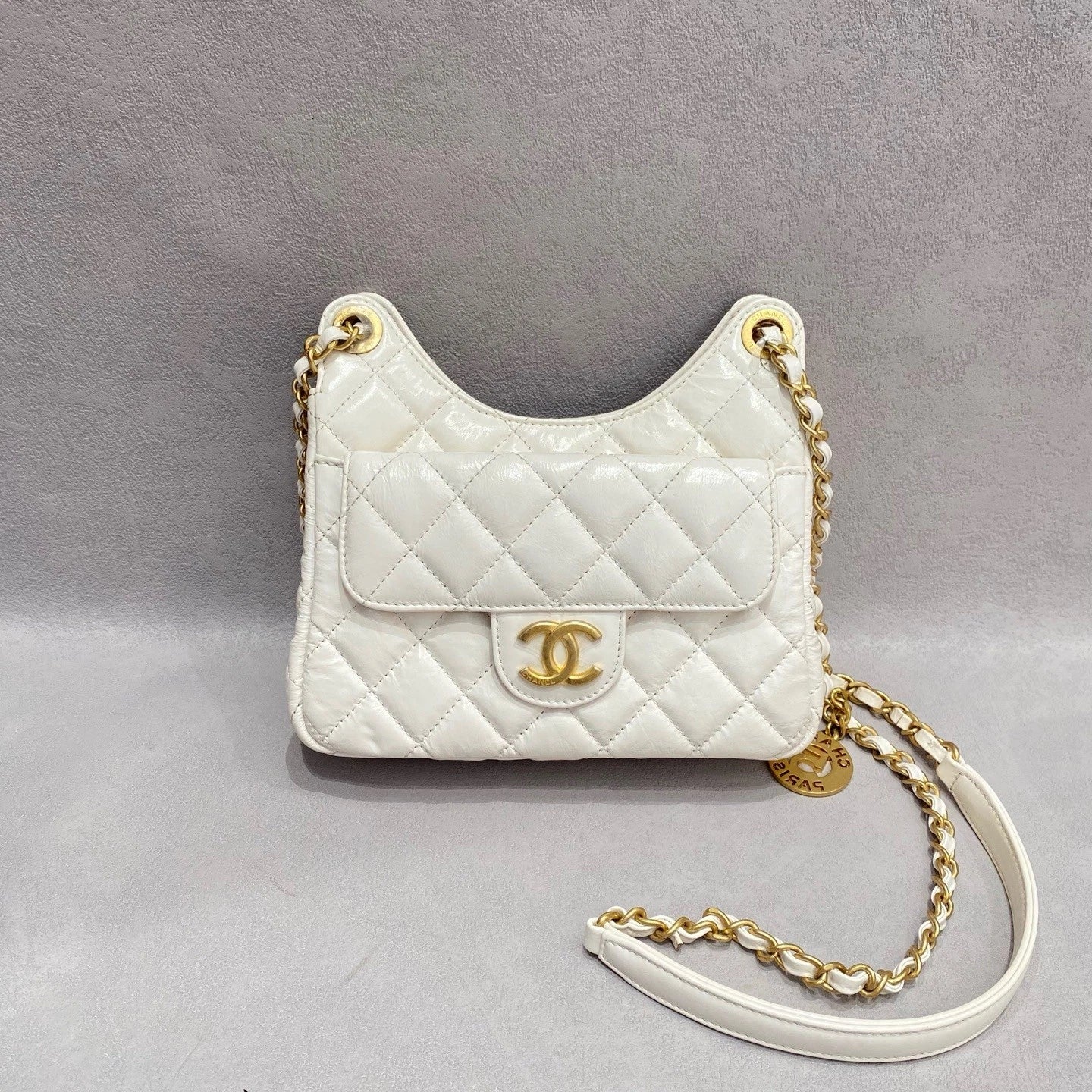 CHANEL White Waxed Leather Small Hobo Shoulder Bag For Women