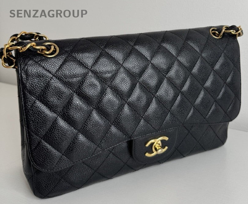 Chanel Jumbo Calfskin Diamond Chain Shoulder Bag Black Gold Women Classic