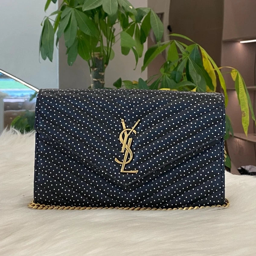 YSL Saint Laurent Polka Dot Envelope Chain Shoulder Crossbody Black Gold