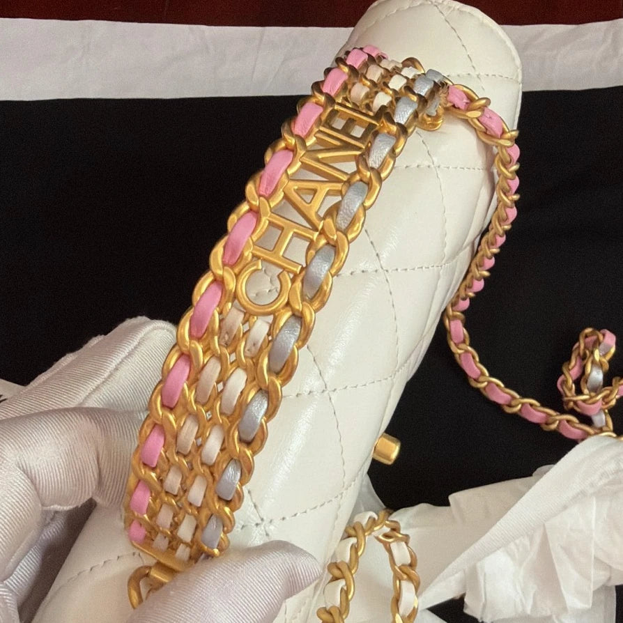 New Chanel WOC Rainbow Chain White Diamond Handbag Crossbody Chip Version